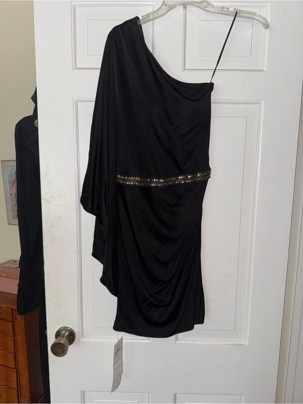 Vintage Y2K Cache Black One-Shoulder Draped Cocktail Dress with Sequin Waist.